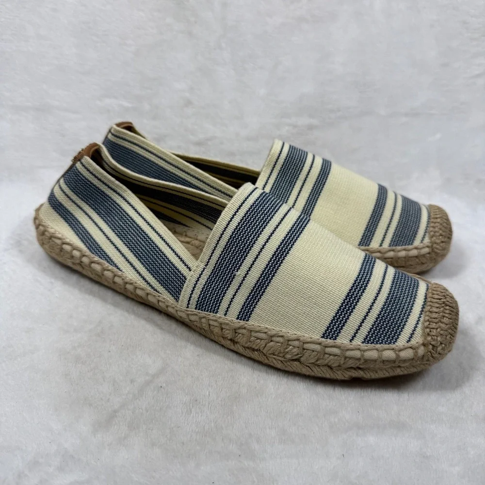 Tory Burch Striped Canvas Espadrille Flats Cream Blue Brown Slip On Shoes 9